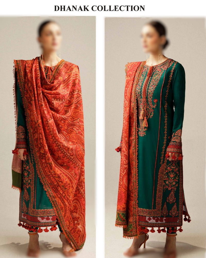 3-piece embroidered Dhanak winter dress with printed shawl.