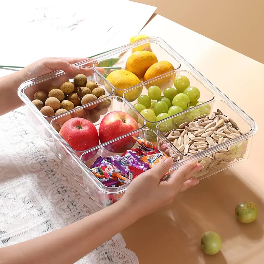 6-in-1 Multi-Section Snack & Fridge Storage Tray With Transparent Lid