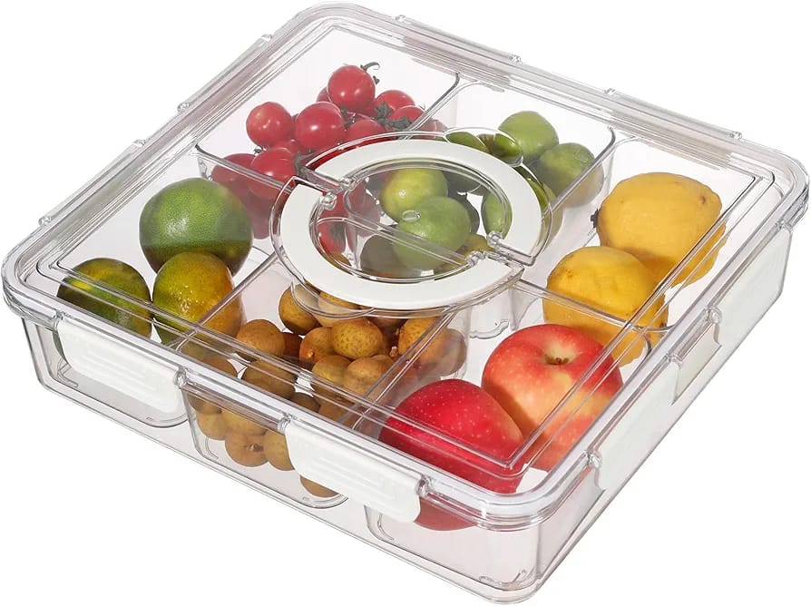 6-in-1 Multi-Section Snack & Fridge Storage Tray With Transparent Lid