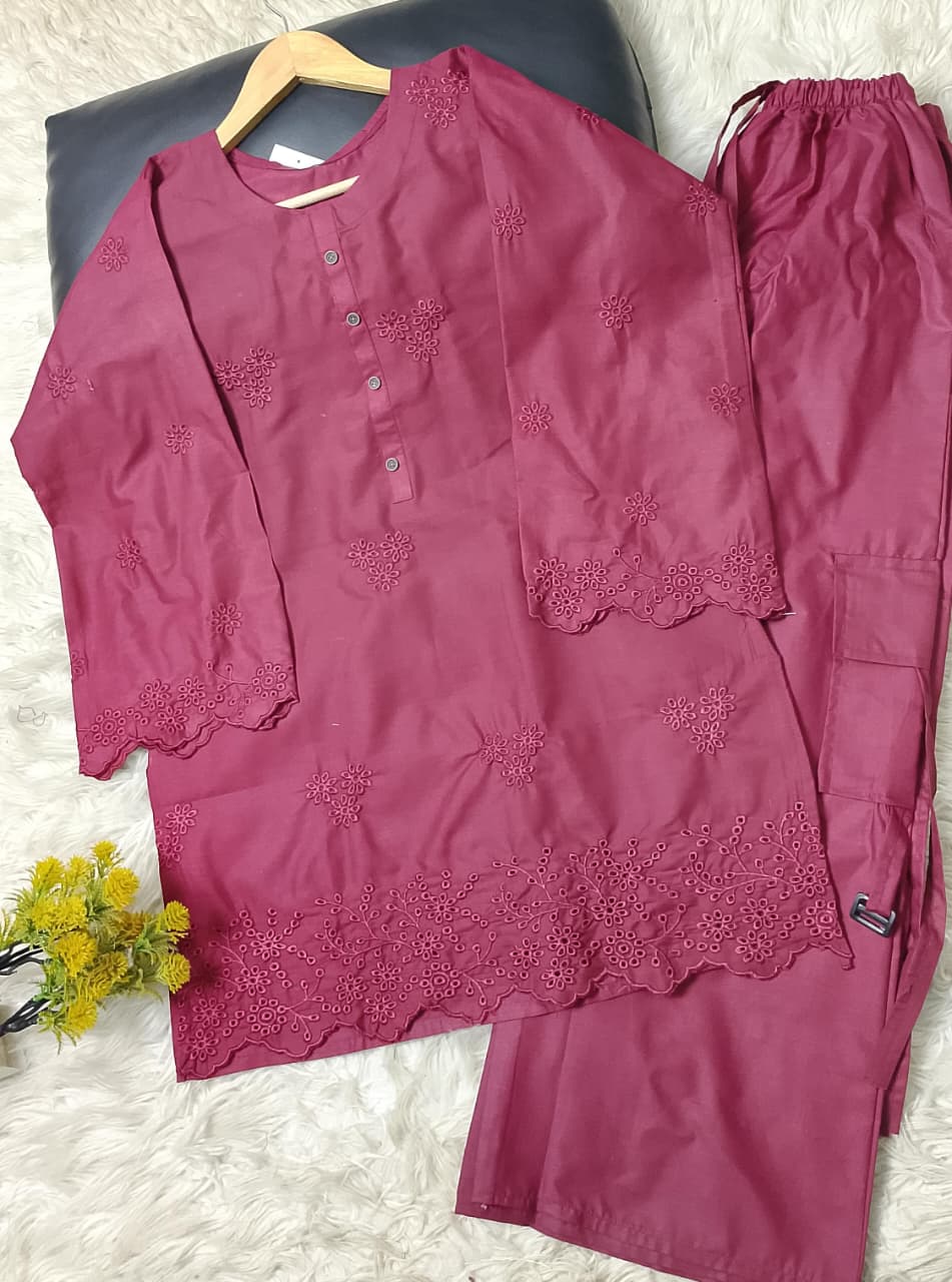 Winter cotton 2-piece ladies suit with chikankari embroidered shirt and cargo-style khaddar plazo