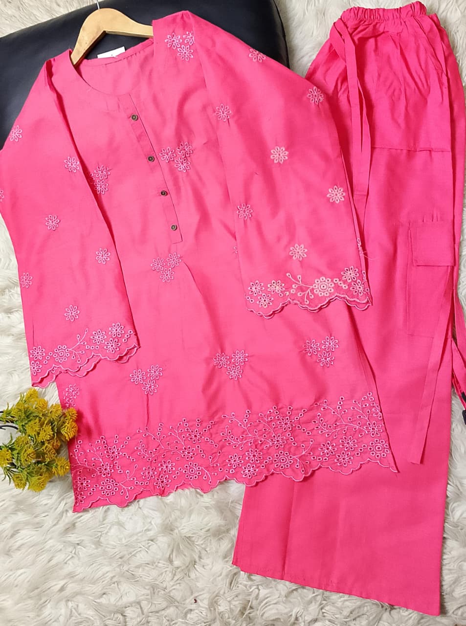 Winter cotton 2-piece ladies suit with chikankari embroidered shirt and cargo-style khaddar plazo