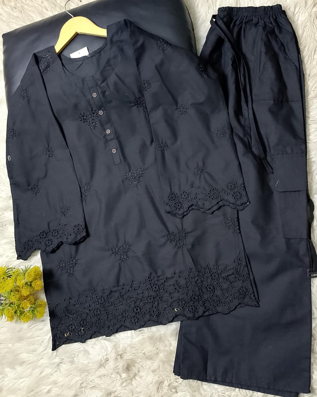 Winter cotton 2-piece ladies suit with chikankari embroidered shirt and cargo-style khaddar plazo