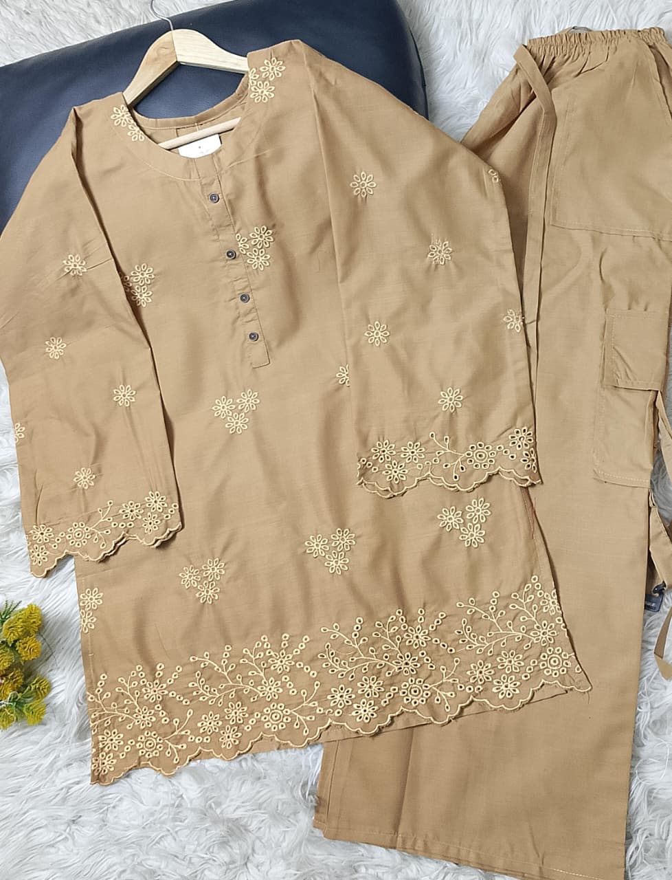 Winter cotton 2-piece ladies suit with chikankari embroidered shirt and cargo-style khaddar plazo