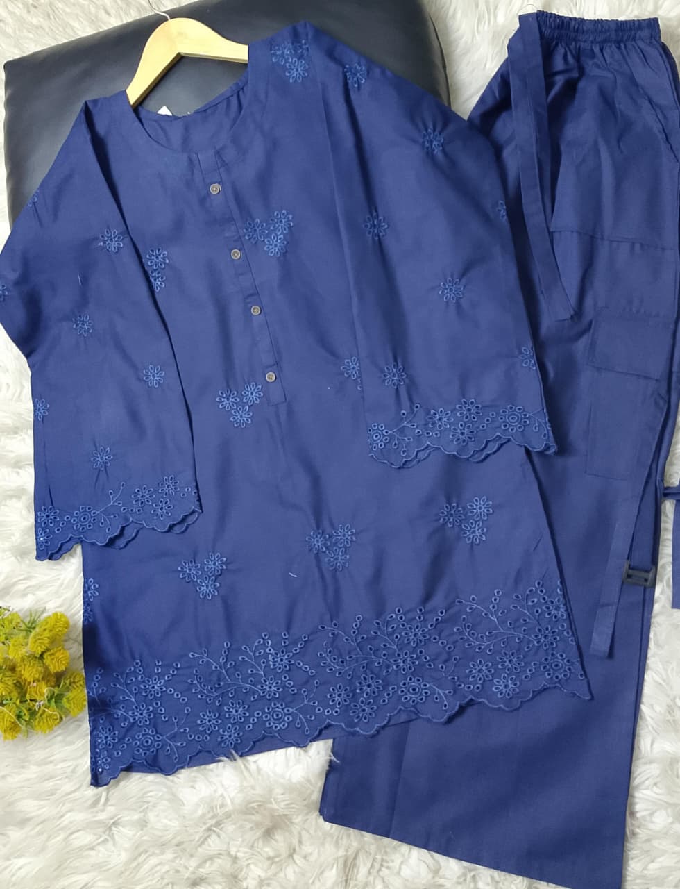 Winter cotton 2-piece ladies suit with chikankari embroidered shirt and cargo-style khaddar plazo