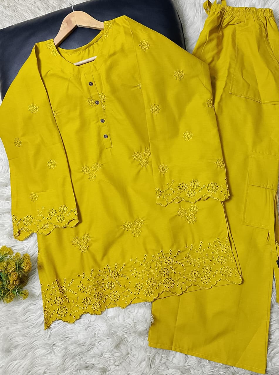 Winter cotton 2-piece ladies suit with chikankari embroidered shirt and cargo-style khaddar plazo