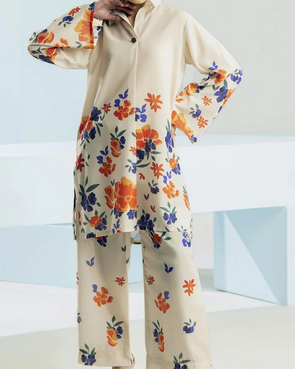 Stitched 2 piece printed outfit in premium grip fabric, featuring a medium size printed shirt with trouser – stylish and comfortable daily wear clothing in Pakistan.