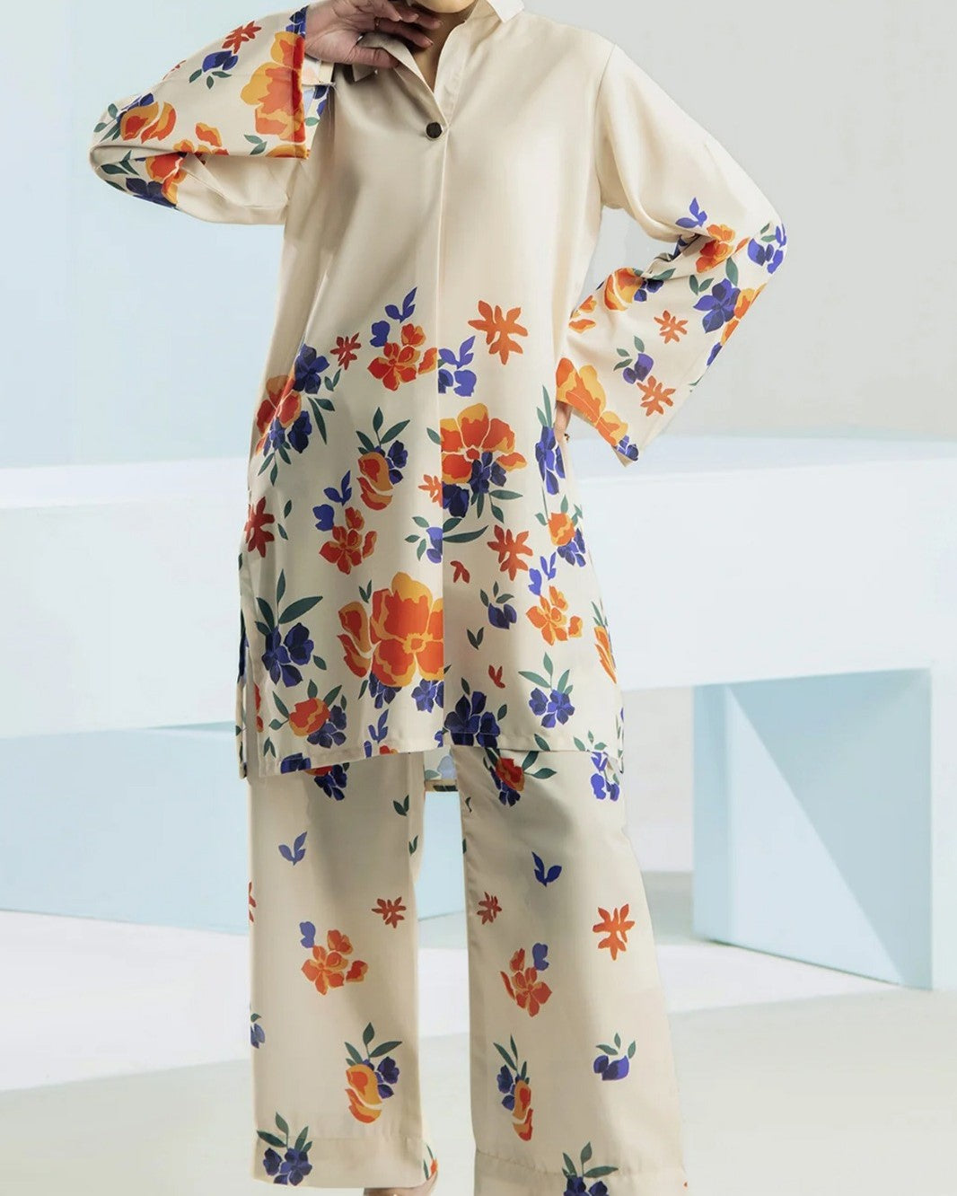 Stitched 2 piece printed outfit in premium grip fabric, featuring a medium size printed shirt with trouser – stylish and comfortable daily wear clothing in Pakistan.