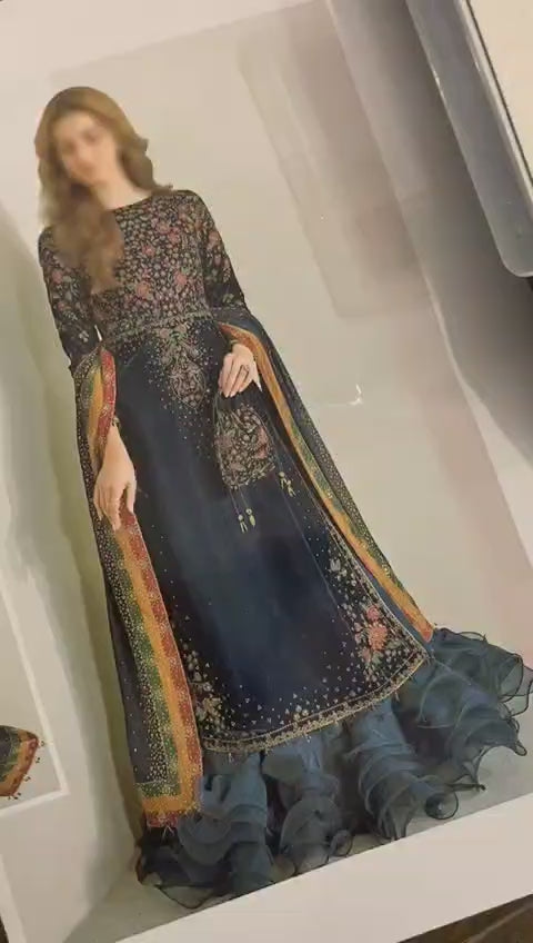 Velvet embroidered dress with chiffon dupatta, gota lace borders and plain silk trouser for women in Pakistan