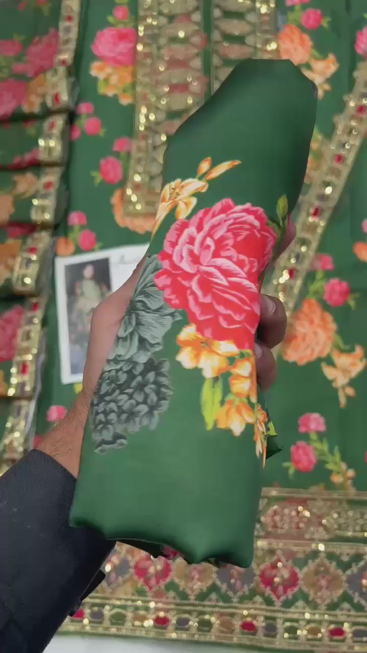 Elegant Pure Silk 3Pc Unstitched Suit with Heavy Embroidery & 4-Side Lace Dupatta