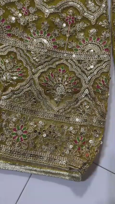 Mehndi collection tissue organza sharara set with zari tilla sequence embroidery and dupatta lace work for women in Pakistan