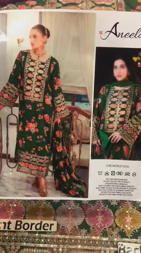 Premium women’s 3 piece unstitched silk suit with digital prints and heavy embroidery design in Pakistan