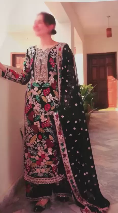 Elegant Embroidered Chiffon 3Pc Unstitched Suit with Malai Trouser & Dupatta