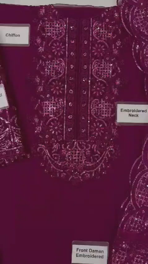 Premium embroidered chiffon and organza outfit for festive occasions
Stylish chiffon sleeves and embroidered neckline dress