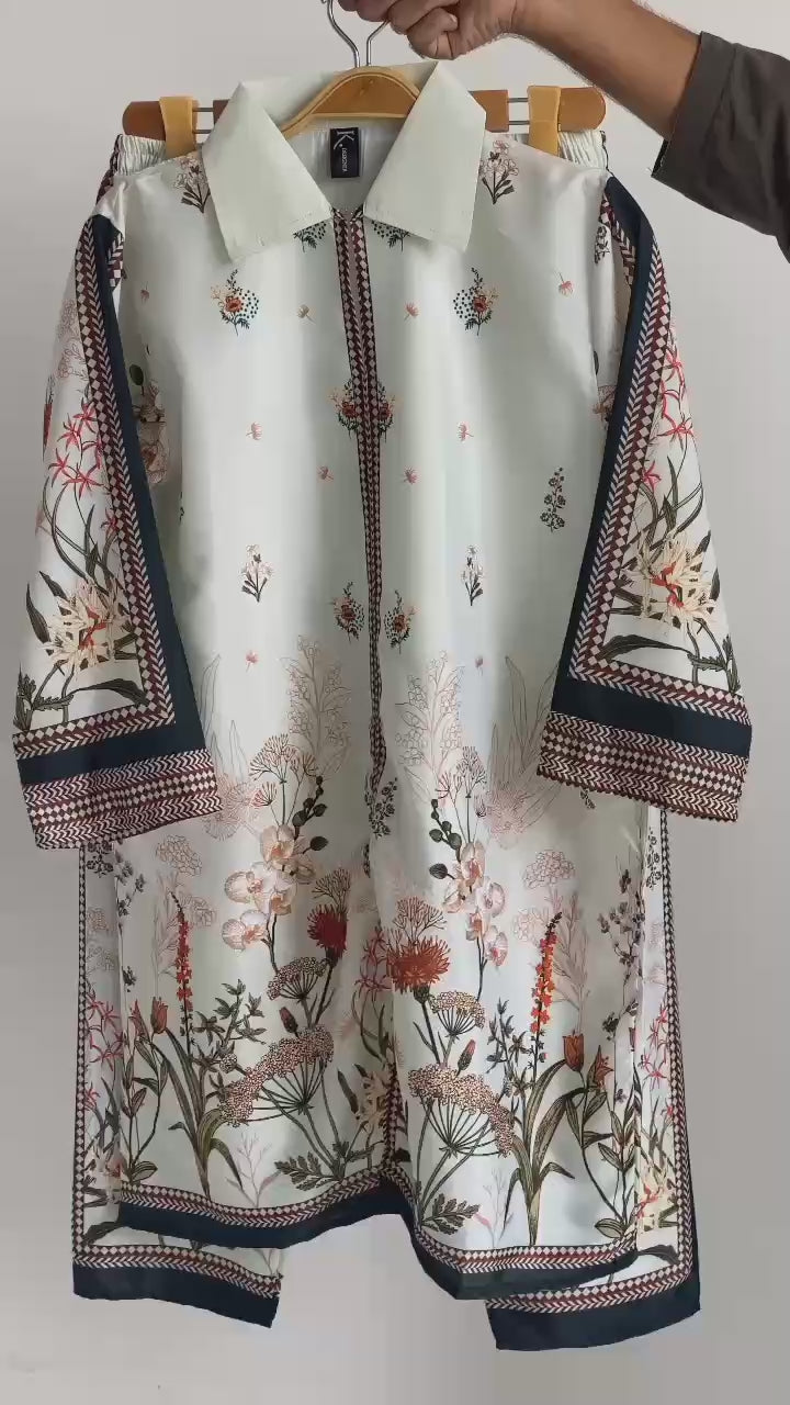 Printed 2 piece stitched shirt and trouser with size chart details