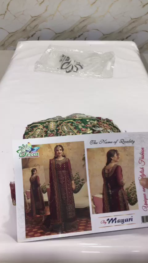 Front view of luxury chiffon embroidered wedding dress with daman border
Heavily embroidered front body with thread and sequence work
