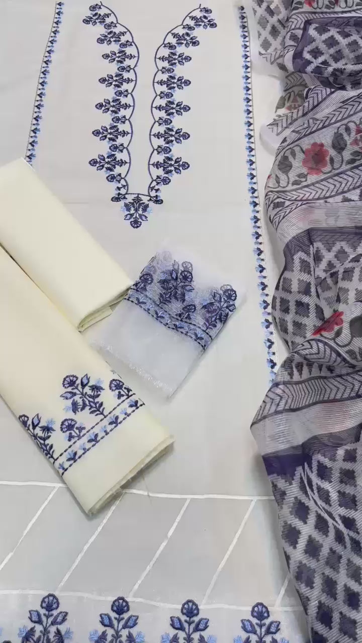 Affordable embroidered lawn dress with dupatta and trouser