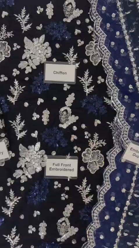 Chiffon and organza embroidered 3pc suit with sequence and adda work, chiffon sleeves, organza dupatta, malai inner and satin silk trouser - buyfromdanish.com