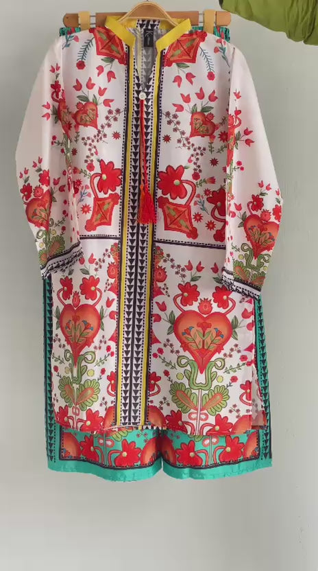 Women’s stitched 2 piece printed shirt and trouser in premium grip fabric, stylish summer outfit for ladies in Pakistan.