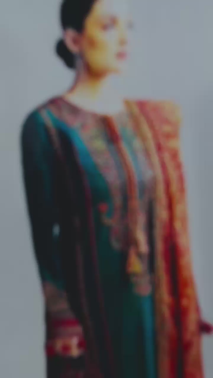 Premium 3PC Dhanak embroidered winter suit with embroidered front, sleeves, daman bunch work and digital printed pashmina wool shawl – Winter Collection 2025/26 – buyfromdanish.com