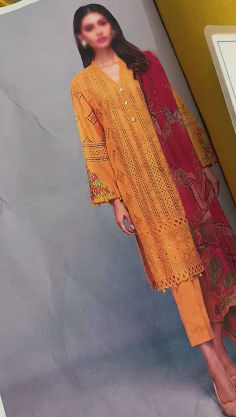 Soft Cotton Chicken Kari Suit with Embroidered Details & Digital Silk Dupatta