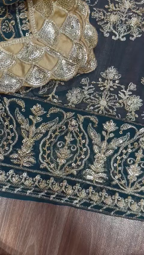 Chiffon shirt front and back with embroidery and daman bunch design
Premium embroidered chiffon 3-piece suit with sequence work