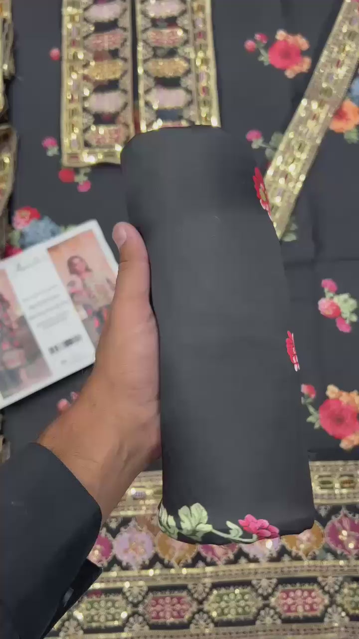 Elegant Pure Silk 3Pc Unstitched Suit with Heavy Embroidery & 4-Side Lace Dupatta